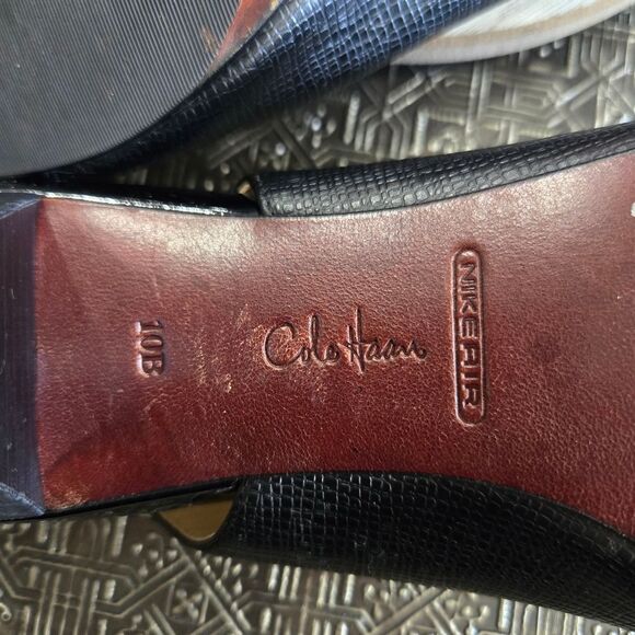 🐢 Cole Haan Black Snake Skin Adjustable Strap  Buckle Open Toed Pump 10B - Picture 16 of 16